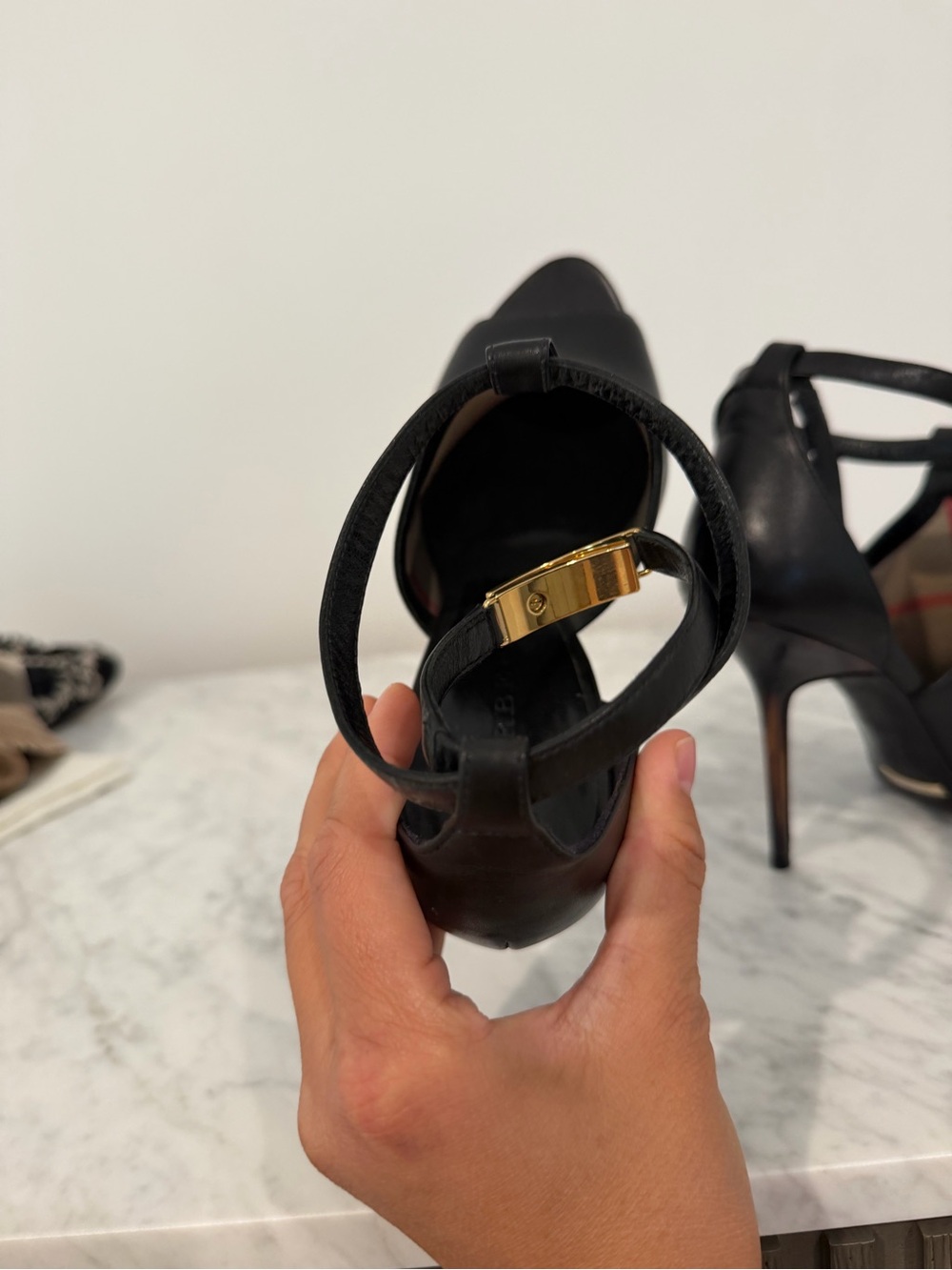 Burberry Black Peep-Toe High Heel Ankle Strap Pumps with Gold Accent 100 - Picture 6 of 8